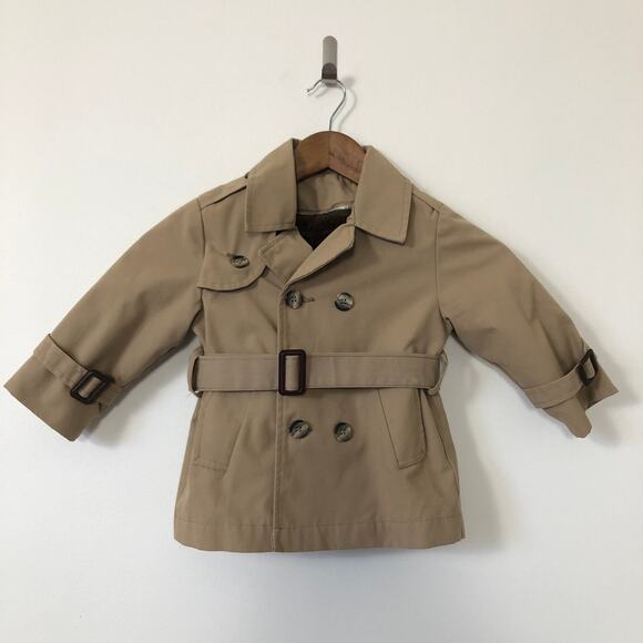 VTG Toddler Tan Khaki Trench Coat Tag 2 Fit 18-24M Zip Out Fur Lining Classic - Picture 2 of 11